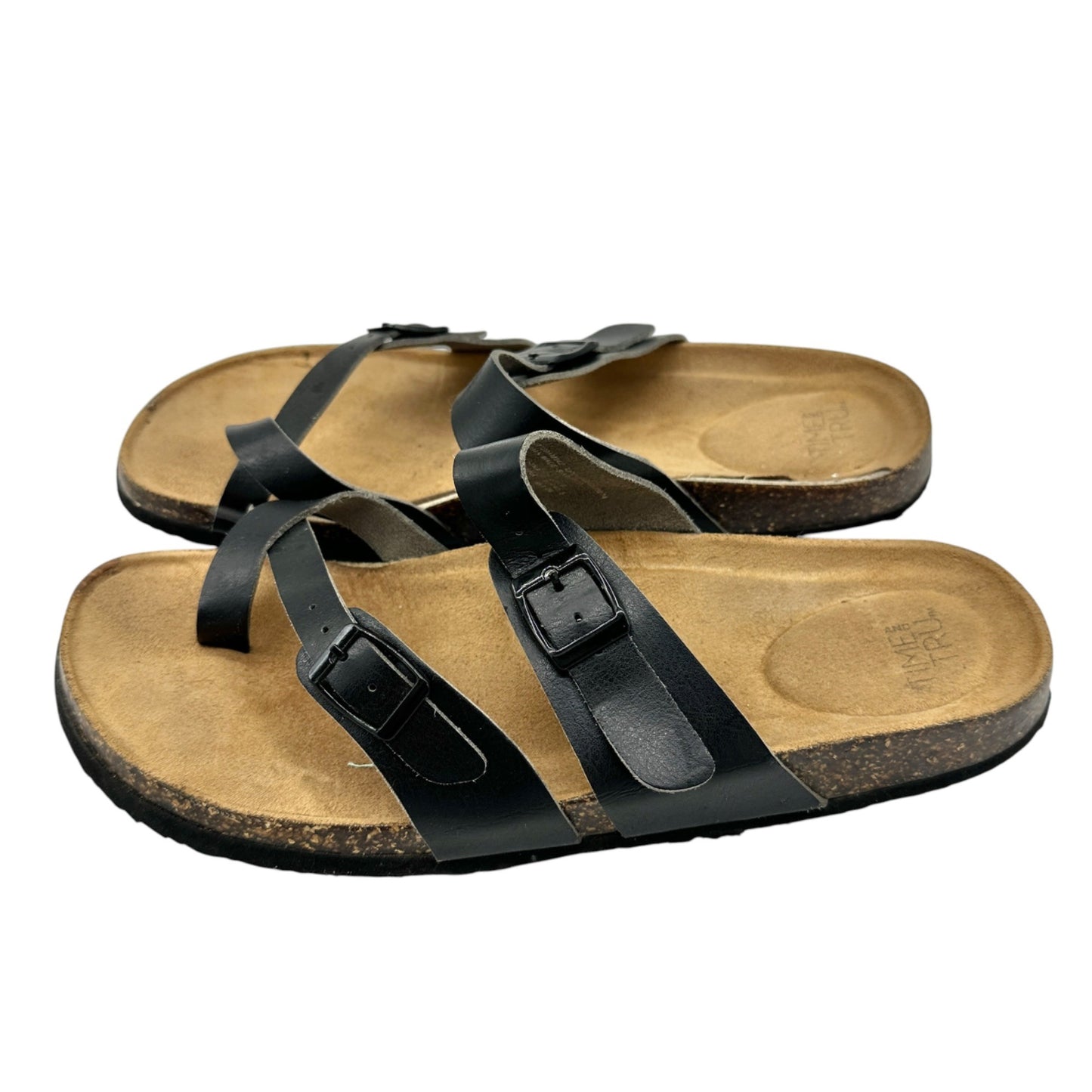 Time And Tru Black Double Strap Buckle Sandals Womens Size 9 Comfortable Footbed