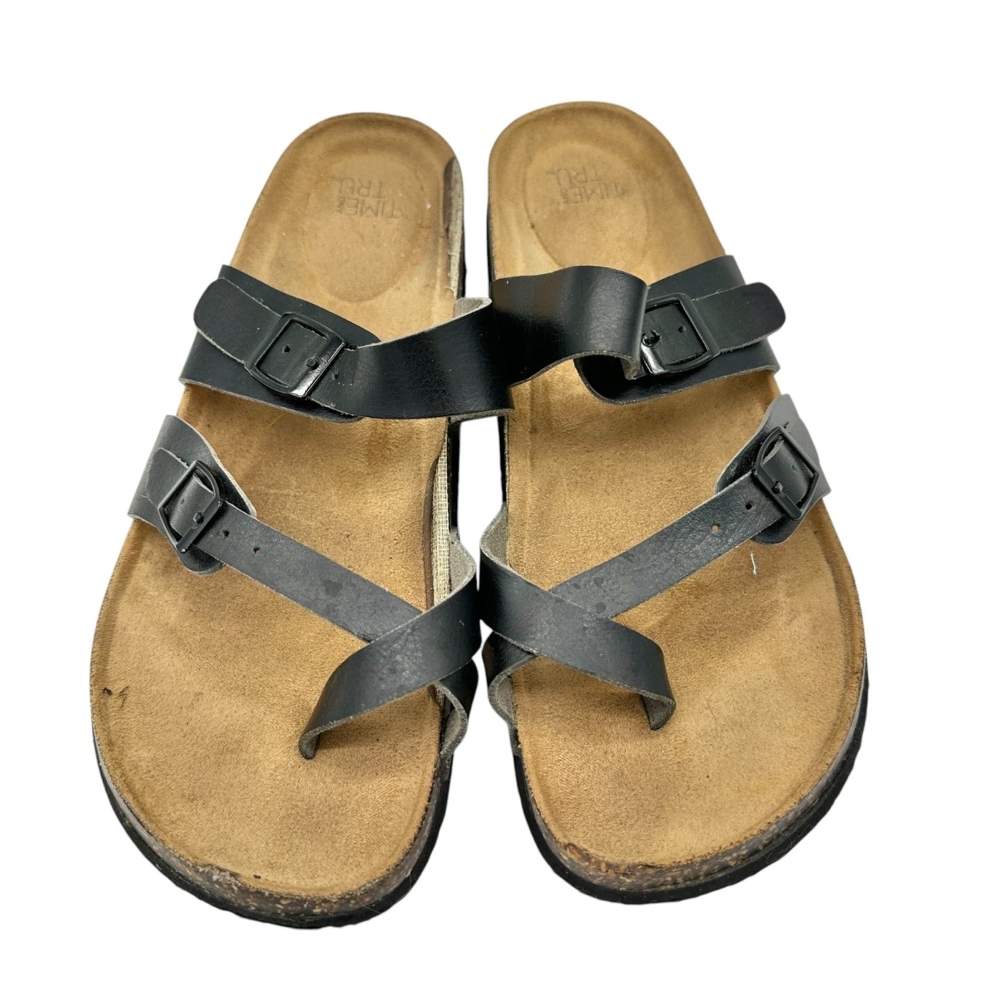 Time And Tru Black Double Strap Buckle Sandals Womens Size 9 Comfortable Footbed