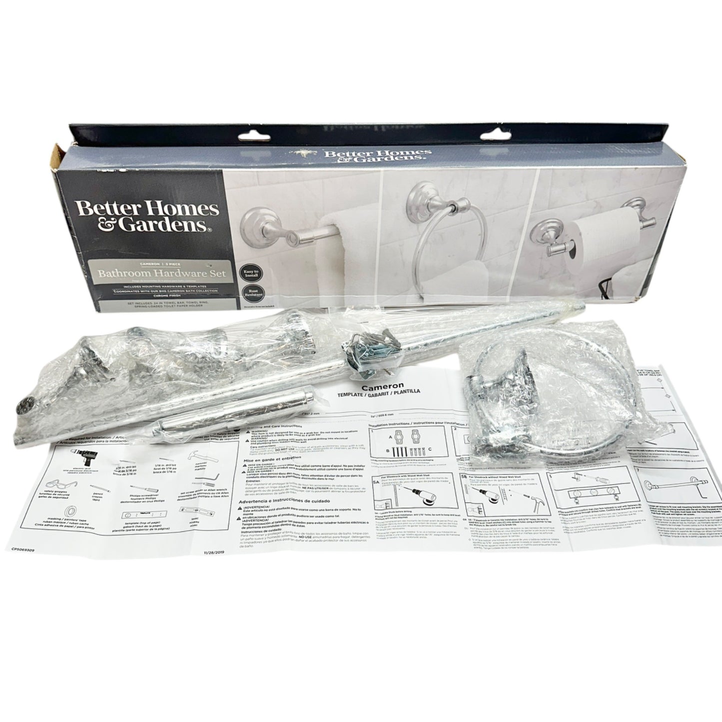 Better Homes & Gardens Cameron 3-Piece Bathroom Hardware Set Chrome Finish NEW