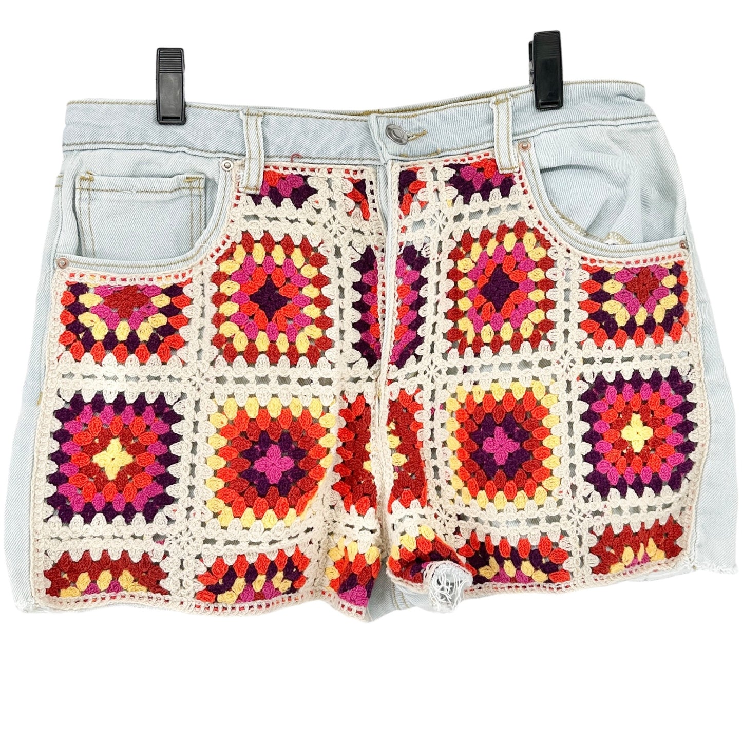 Crochet Patchwork Light Wash Denim High-Rise Shorts 13/31W By SO Goods For Life