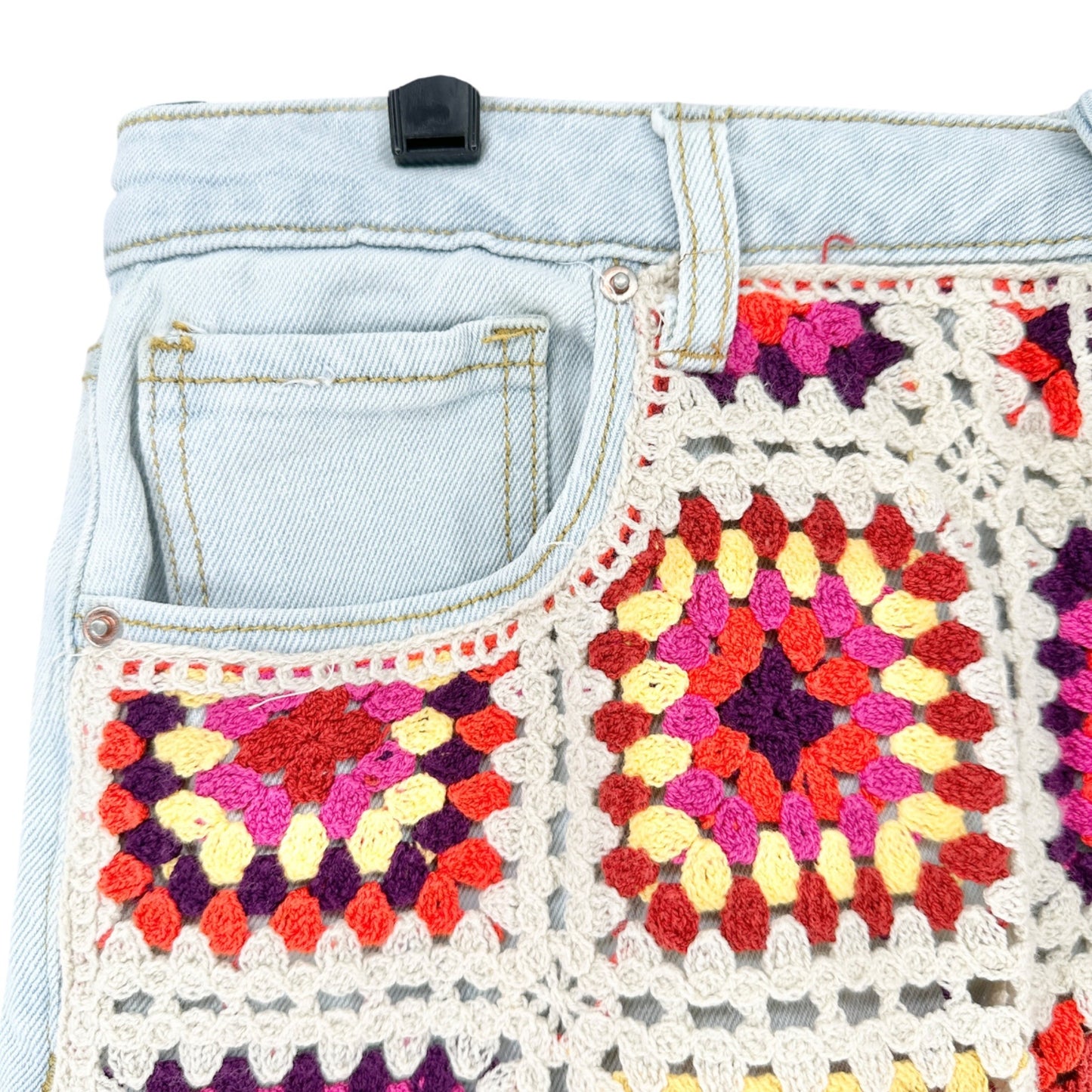 Crochet Patchwork Light Wash Denim High-Rise Shorts 13/31W By SO Goods For Life