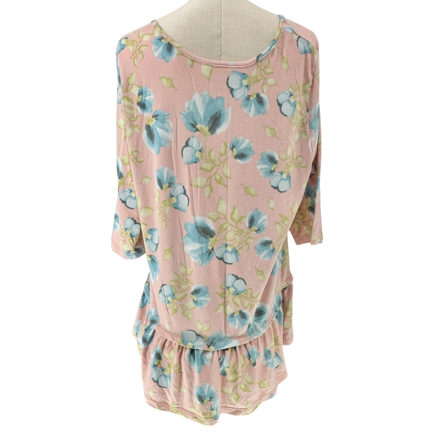 BE Stage Tunic Top Womens XL Floral Print Pink Blue Long Sleeve Ruffled Hem