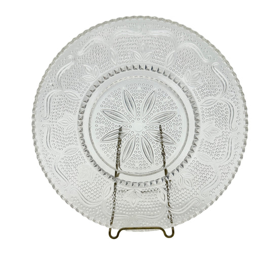 Vintage Clear Glass Plate Intricate Floral and Dot Pattern 9.5" Dia Decorative