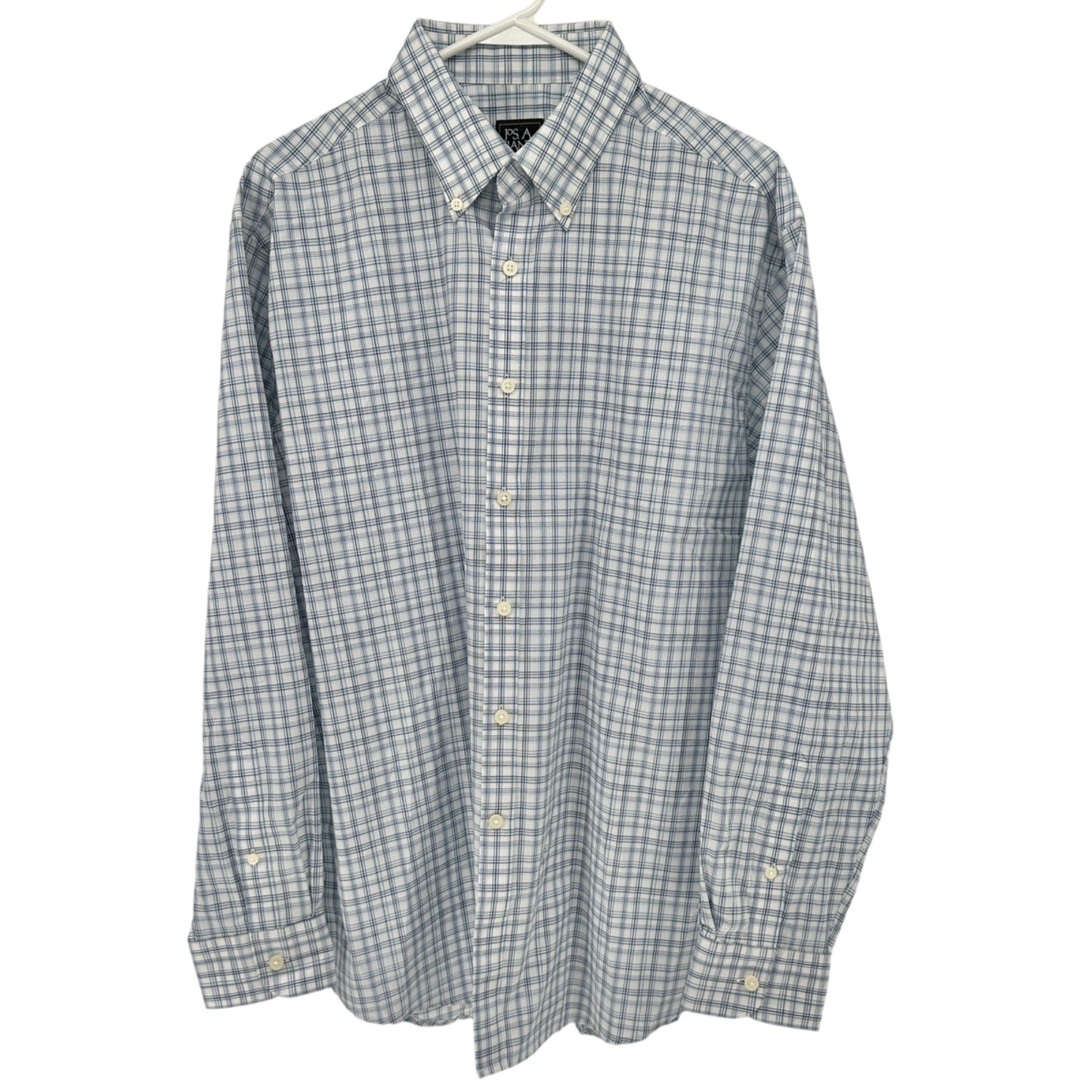 Jos A Bank Traveler Tailored Shirt L Blue Plaid Cotton Blend LS TravelTech