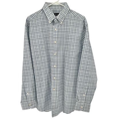 Jos A Bank Traveler Tailored Shirt L Blue Plaid Cotton Blend LS TravelTech