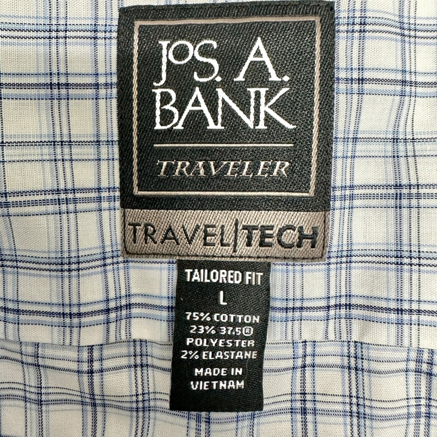 Jos A Bank Traveler Tailored Shirt L Blue Plaid Cotton Blend LS TravelTech