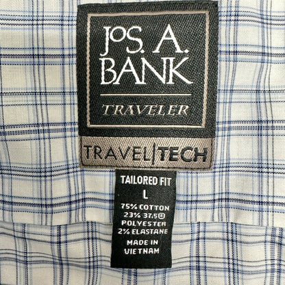 Jos A Bank Traveler Tailored Shirt L Blue Plaid Cotton Blend LS TravelTech