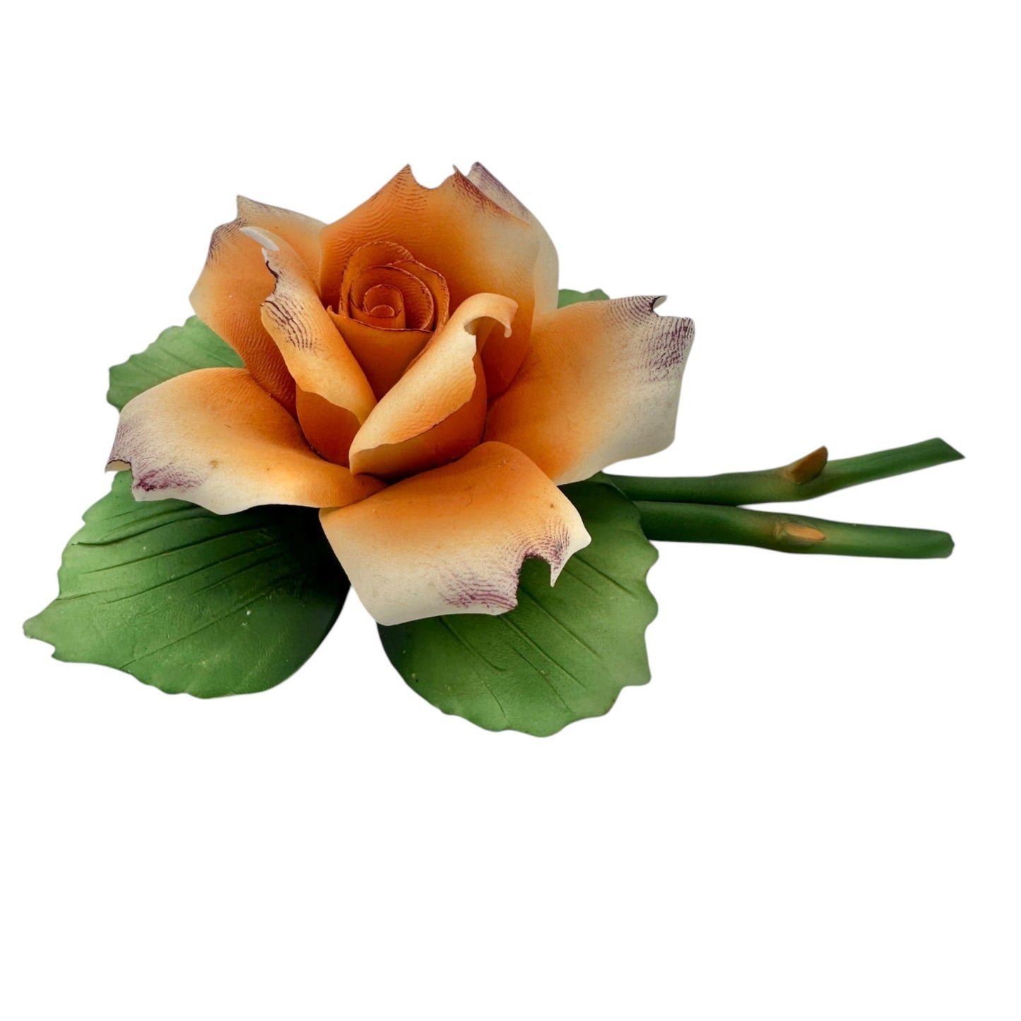 Capodimonte Porcelain Rose Figurine Orange Green Floral Sculpture Made In Italy