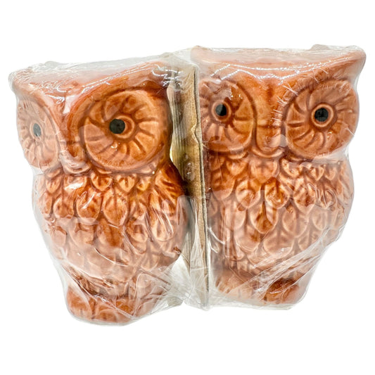 Ceramic Owl Salt and Pepper Shakers Set Brown Orange 3 in Tall Retro Kitchen NIP