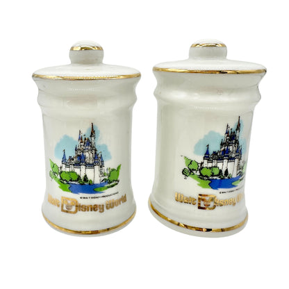 Vtg Walt Disney World Castle Salt and Pepper Shakers Japan Porcelain White Gold
