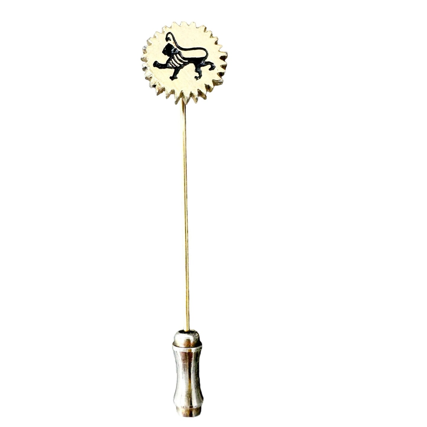 Vtg Goldtone Lion Stick Pin Black Enamel Detailing Gear-Like Design Zodiac Leo