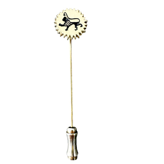 Vtg Goldtone Lion Stick Pin Black Enamel Detailing Gear-Like Design Zodiac Leo