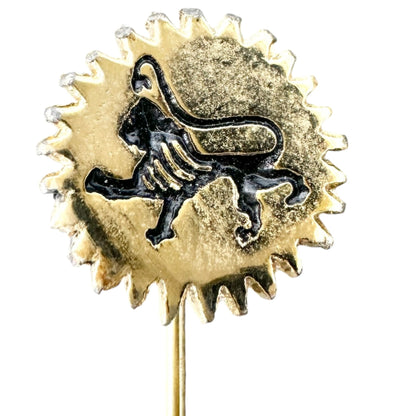 Vtg Goldtone Lion Stick Pin Black Enamel Detailing Gear-Like Design Zodiac Leo
