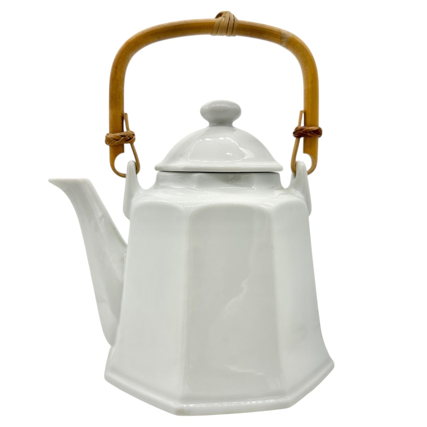 Pier 1 Imports Teapot with Lid White Ceramic Bamboo Handle Japan 24 oz Capacity