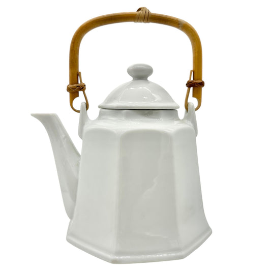 Pier 1 Imports Teapot with Lid White Ceramic Bamboo Handle Japan 24 oz Capacity