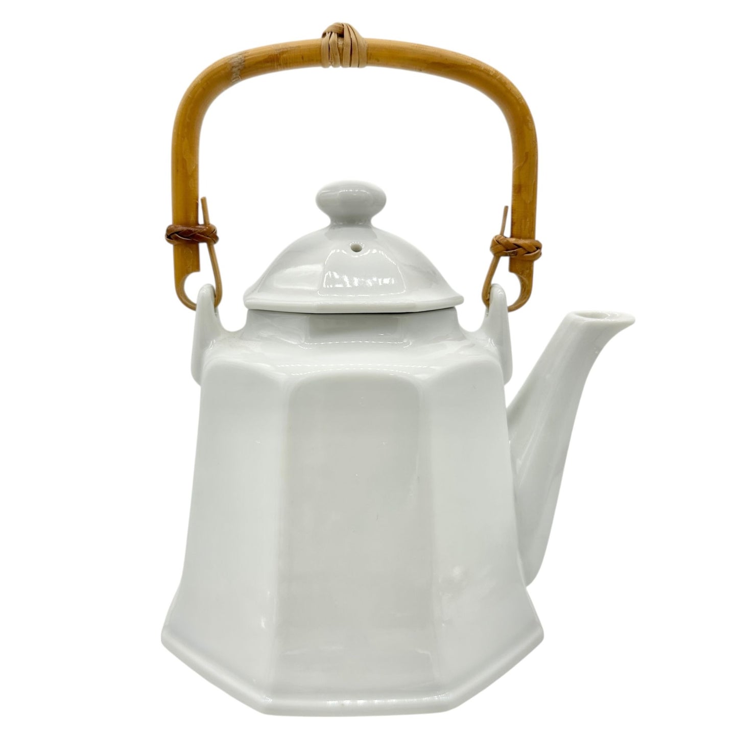 Pier 1 Imports Teapot with Lid White Ceramic Bamboo Handle Japan 24 oz Capacity