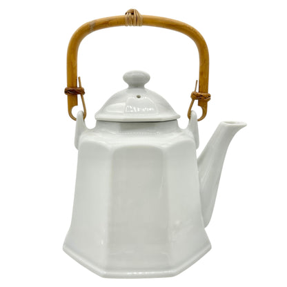Pier 1 Imports Teapot with Lid White Ceramic Bamboo Handle Japan 24 oz Capacity