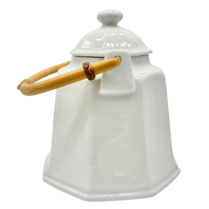 Pier 1 Imports Teapot with Lid White Ceramic Bamboo Handle Japan 24 oz Capacity
