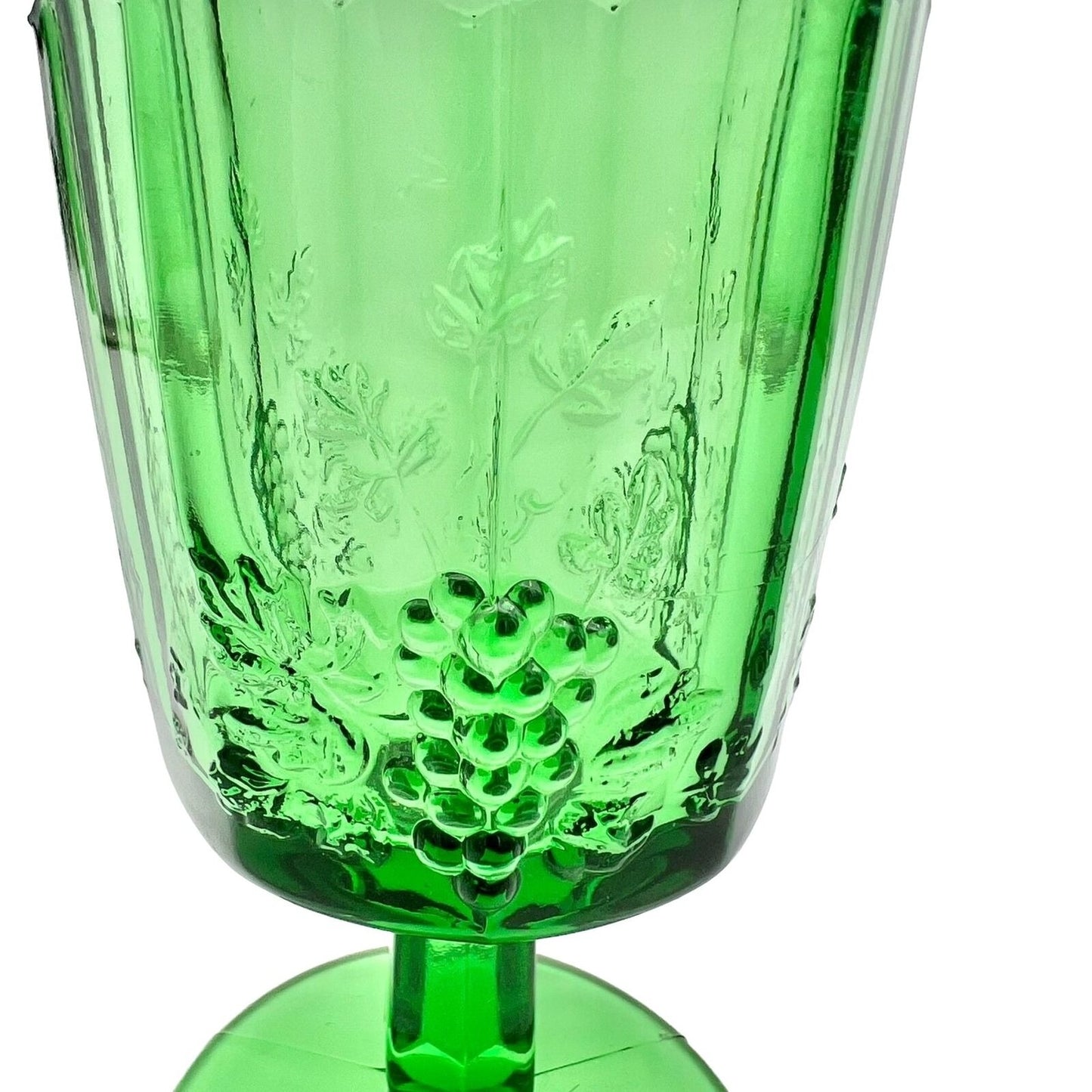 Vintage Green Depression Glass Goblet Embossed Grape Vine Design 6" H x 3" Dia