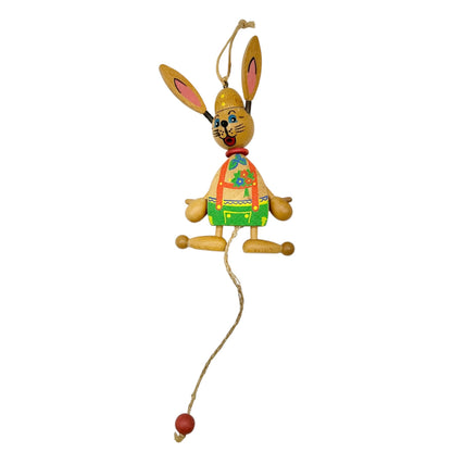 Vintage Austrian Wooden Bunny Jumping Jack Toy w Pull String Springy Ears+Legs