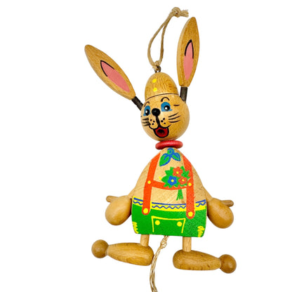 Vintage Austrian Wooden Bunny Jumping Jack Toy w Pull String Springy Ears+Legs