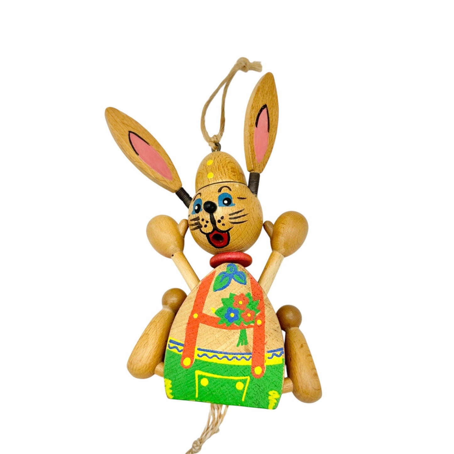 Vintage Austrian Wooden Bunny Jumping Jack Toy w Pull String Springy Ears+Legs