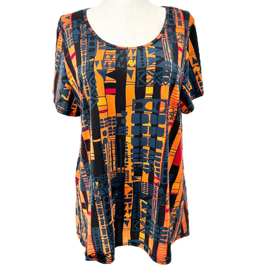 LuLaRoe Classic Tee Tunic Top Womens 3XL Geometric Print SS Orange Black Blue