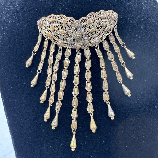 Antique Early 1900s Gold Tone Filigree Brooch Dangling Chains Teardrop Accents