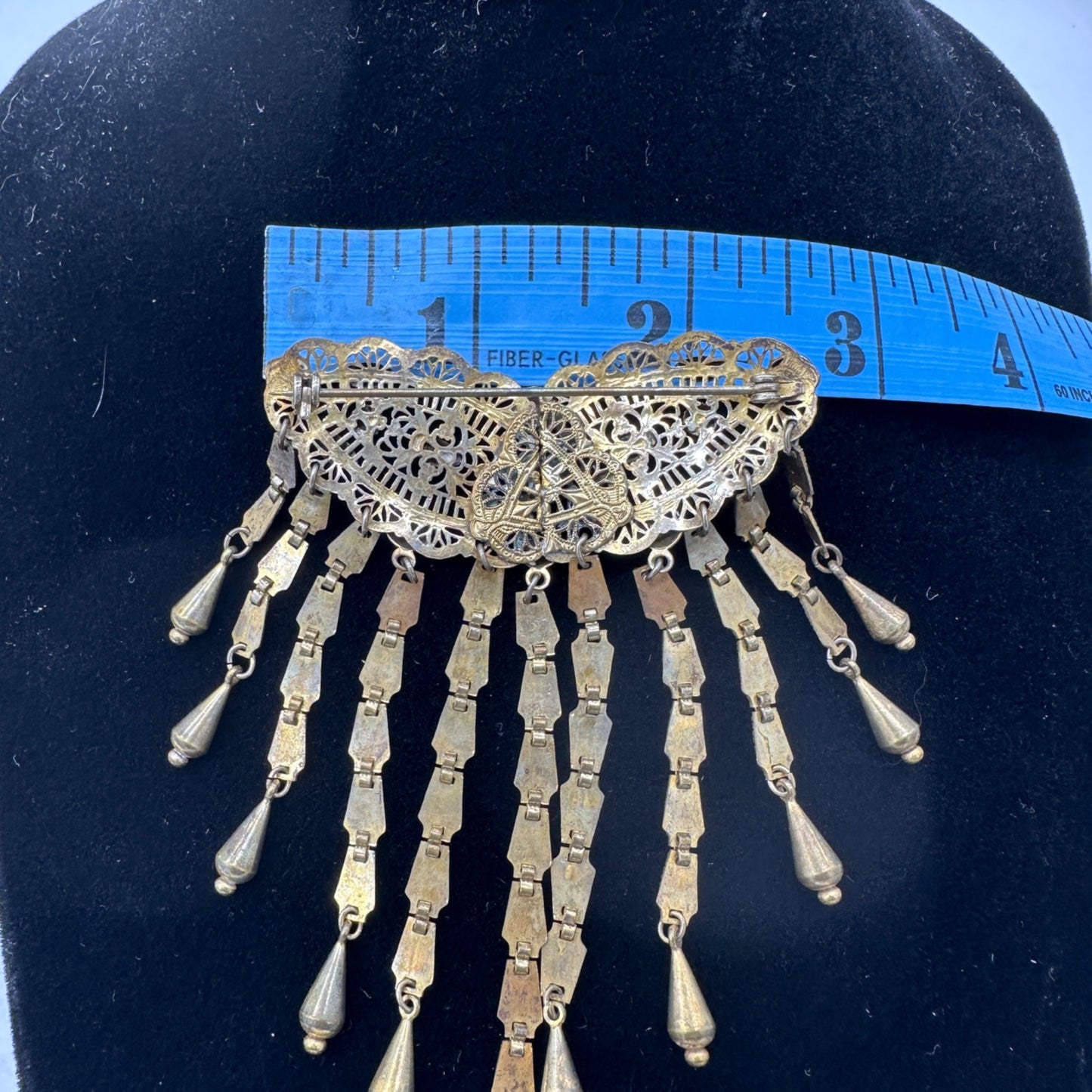 Antique Early 1900s Gold Tone Filigree Brooch Dangling Chains Teardrop Accents