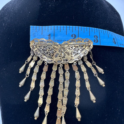 Antique Early 1900s Gold Tone Filigree Brooch Dangling Chains Teardrop Accents