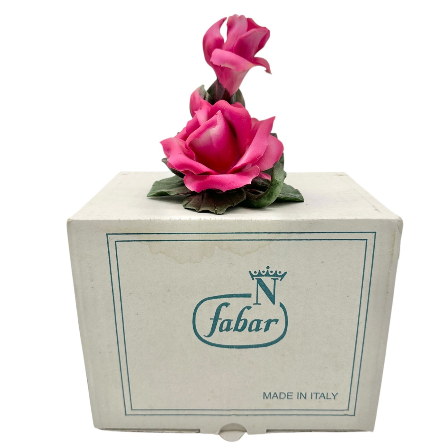 Capodimonte Rose Porcelain Figurine Dk Pink Green Made In Italy Original Box