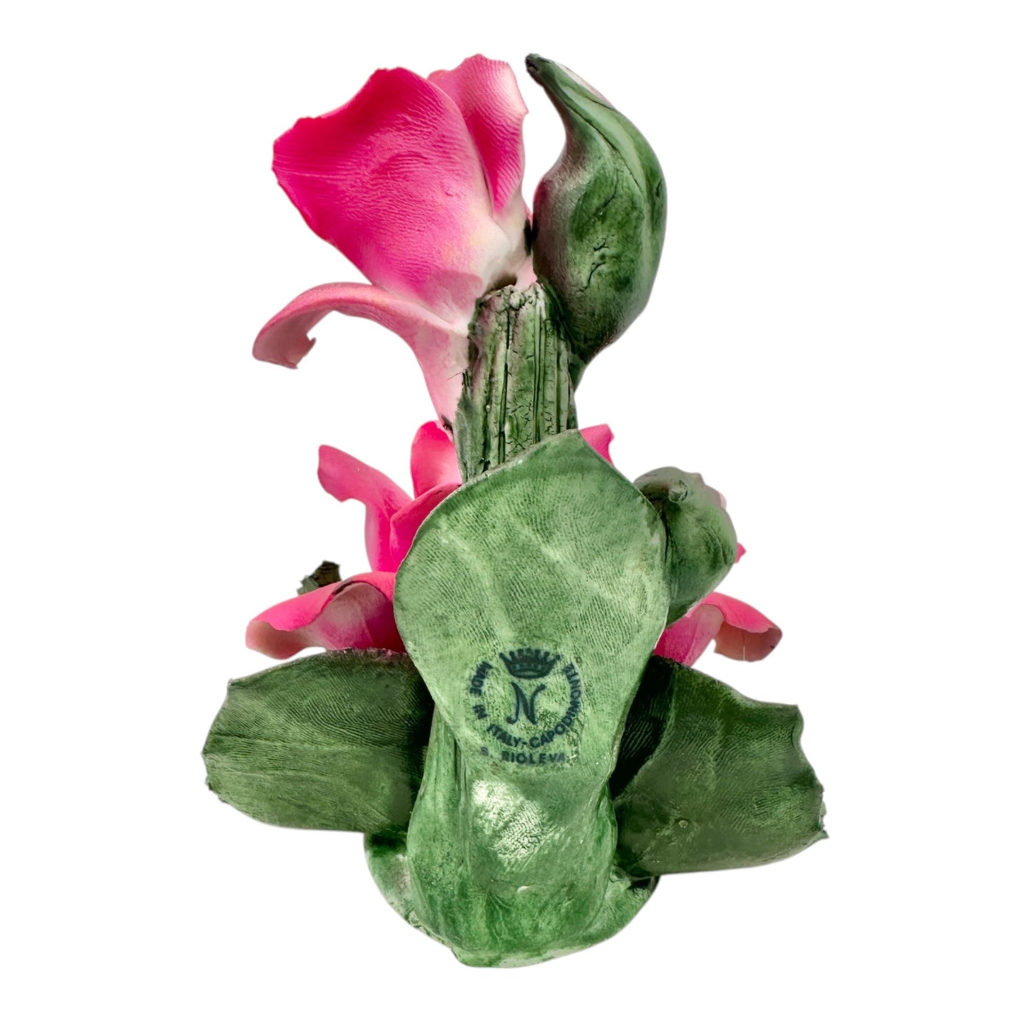 Capodimonte Rose Porcelain Figurine Dk Pink Green Made In Italy Original Box