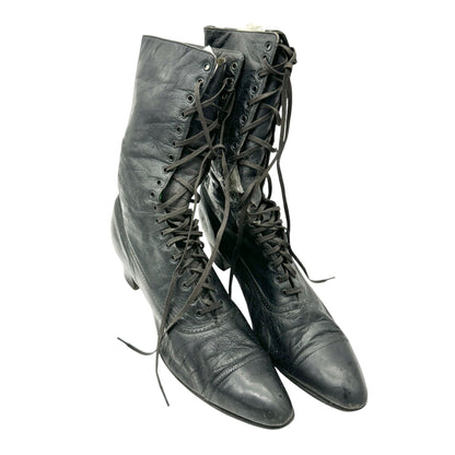 Vintage Queen Quality Black Leather Lace Up Victorian Boots Timeless -Sole 10”L