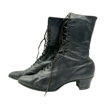 Vintage Queen Quality Black Leather Lace Up Victorian Boots Timeless -Sole 10”L
