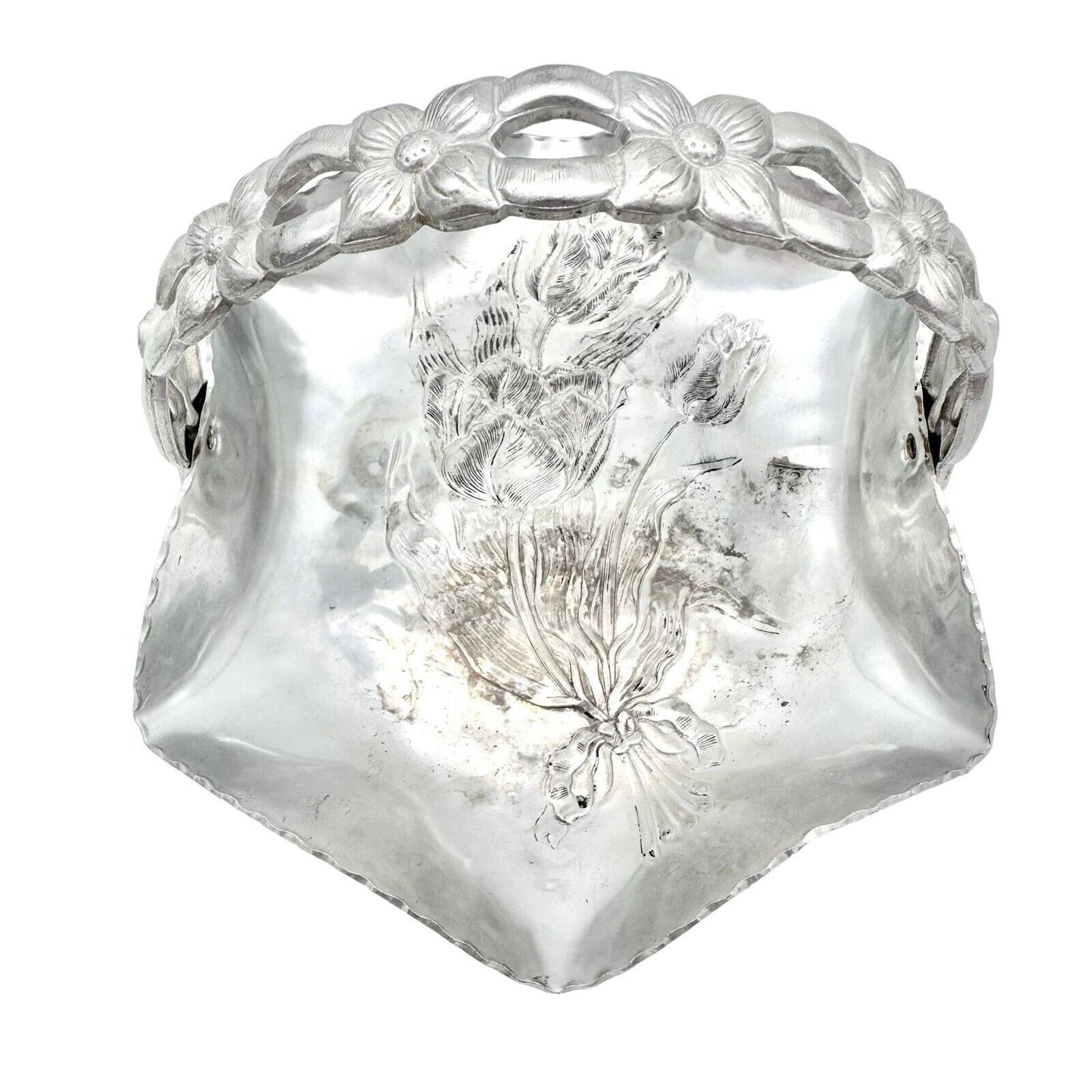 Hand Forged Everlast Metal Basket Silver Tulip Dogwood Design Aluminum 7" W