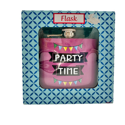 Party Time Stainless Steel Flask 6 Oz Pink With Colorful Banner Design Midwood