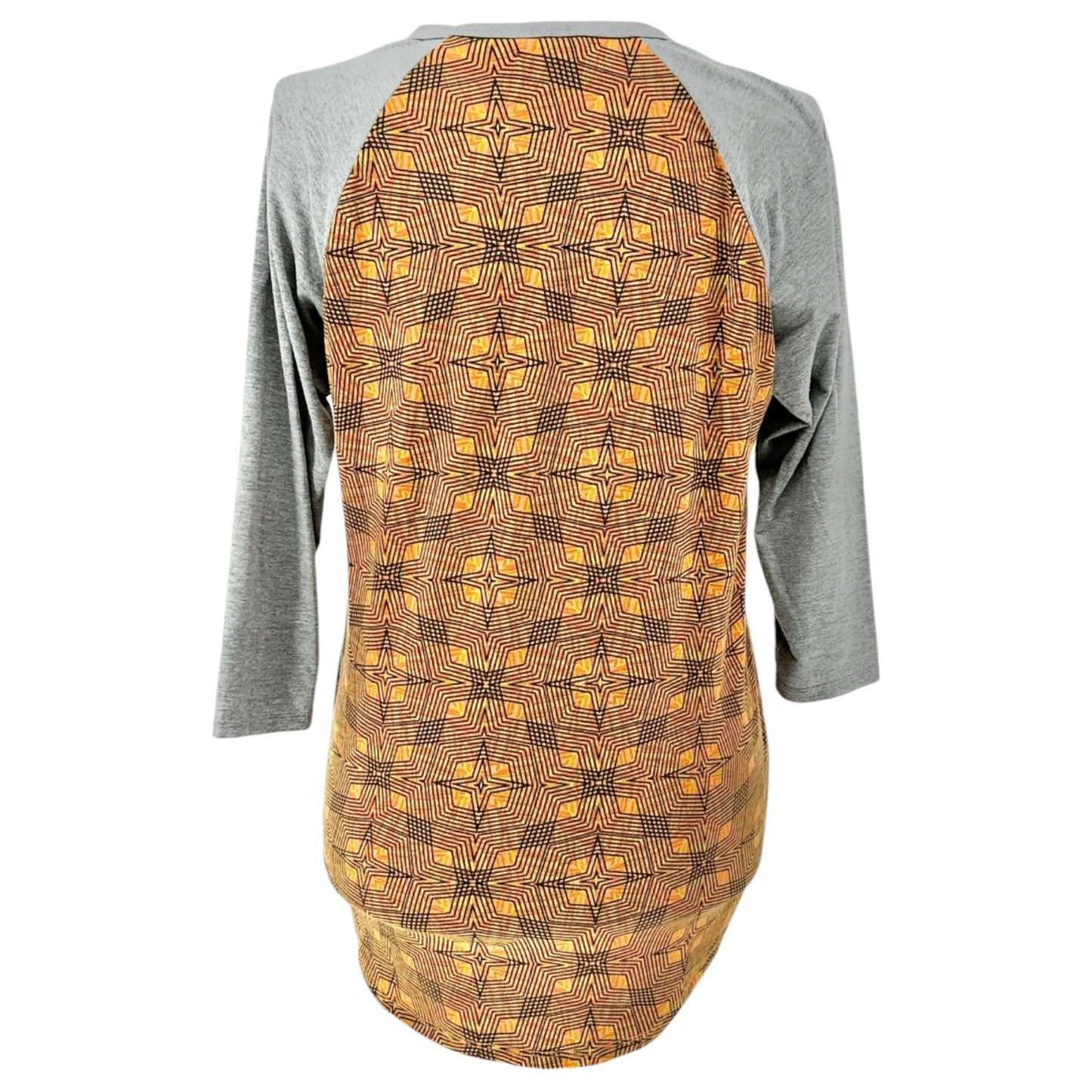 LuLaRoe Randy Top L Orange Gray Geometric Star Print 3/4 Sleeve Stretchy Shirt