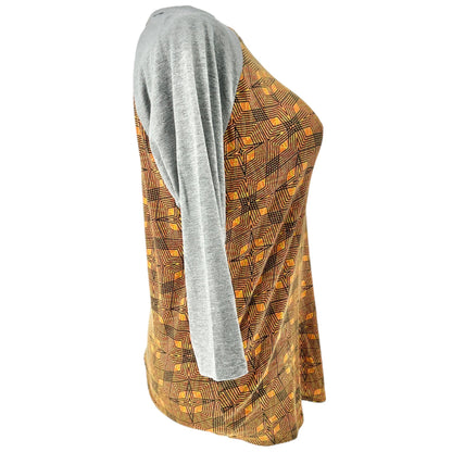 LuLaRoe Randy Top L Orange Gray Geometric Star Print 3/4 Sleeve Stretchy Shirt