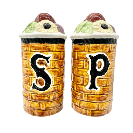 Vintage Ceramic Salt and Pepper Shakers Floral Basketweave Design Painted Detail
