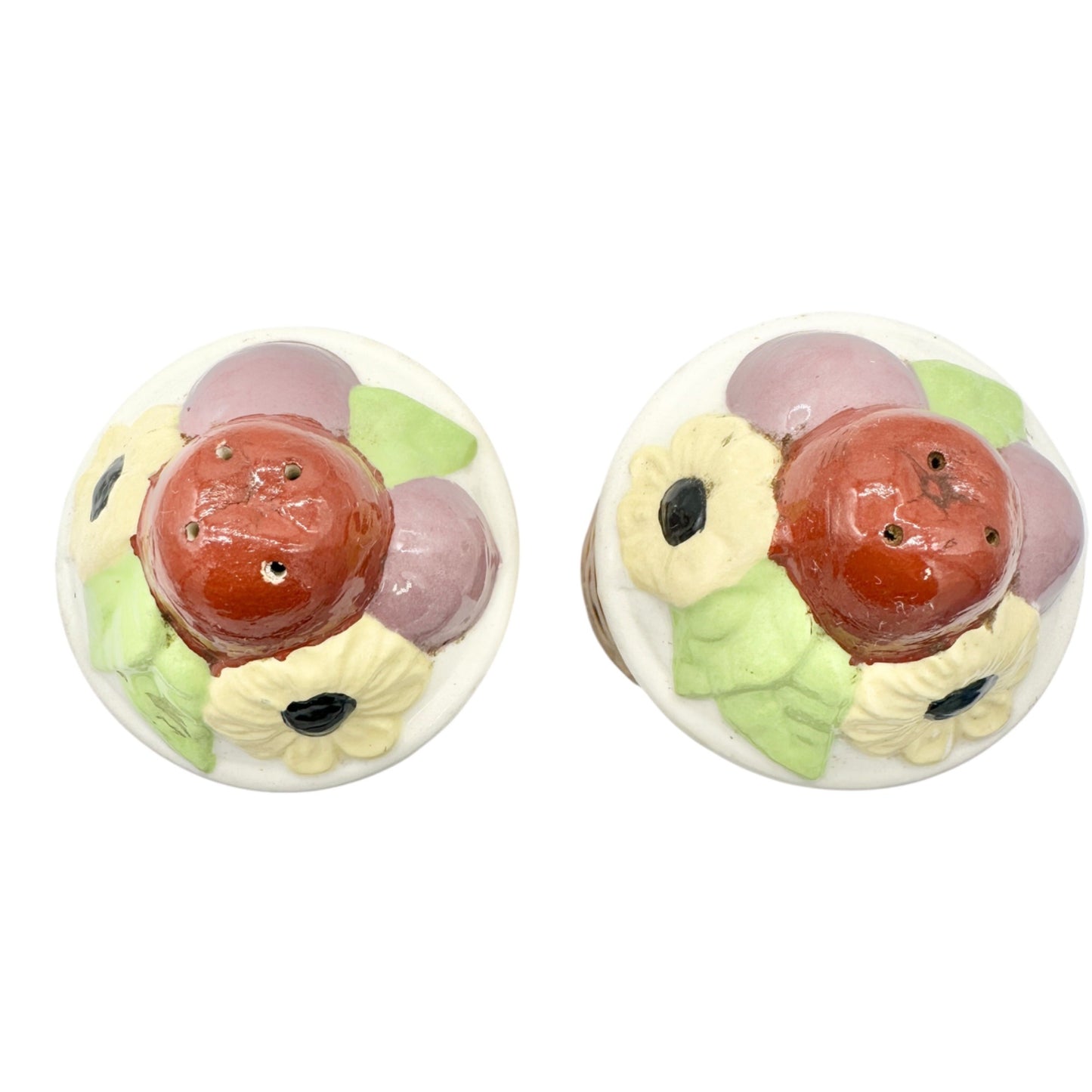Vintage Ceramic Salt and Pepper Shakers Floral Basketweave Design Painted Detail