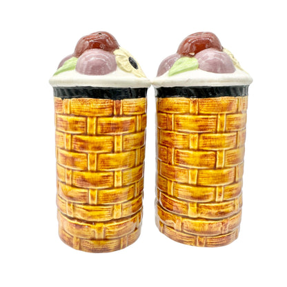 Vintage Ceramic Salt and Pepper Shakers Floral Basketweave Design Painted Detail