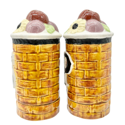 Vintage Ceramic Salt and Pepper Shakers Floral Basketweave Design Painted Detail