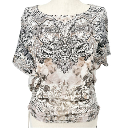 Womens M Boho Paisley Floral Print Top SS Ruched Sides Lightweight by Style & Co