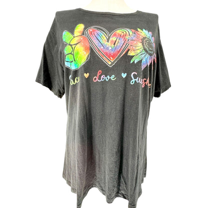 Peace Love Sunflower Graphic Womens T-Shirt 3XL Cotton Black Top Port & Company