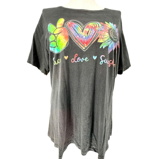Peace Love Sunflower Graphic Womens T-Shirt 3XL Cotton Black Top Port & Company