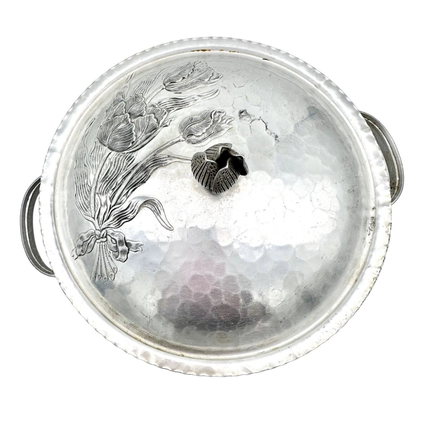 Hand Forged Everlast Metal Covered Dish Silver Tulip Dogwood Design Aluminum 9"D