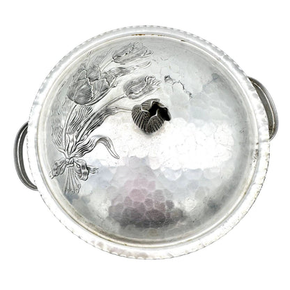 Hand Forged Everlast Metal Covered Dish Silver Tulip Dogwood Design Aluminum 9"D