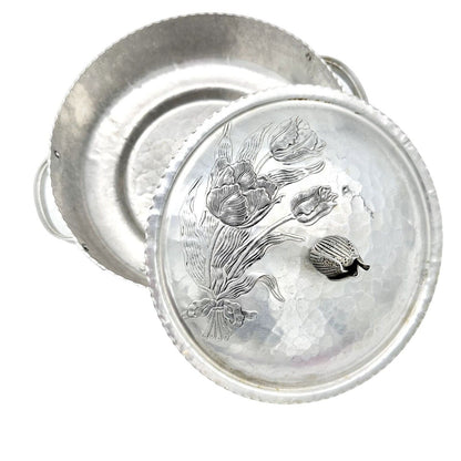 Hand Forged Everlast Metal Covered Dish Silver Tulip Dogwood Design Aluminum 9"D