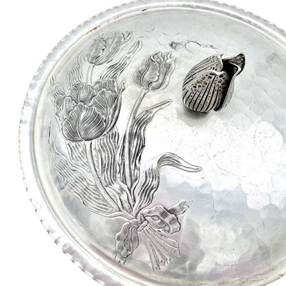 Hand Forged Everlast Metal Covered Dish Silver Tulip Dogwood Design Aluminum 9"D