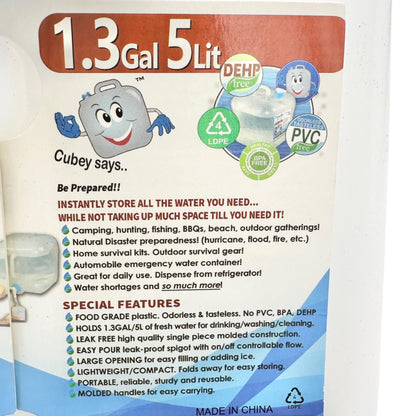 WaterStorage Cube Collapsible 1.3 Gallon 5 Liter Water Container Spigot Portable